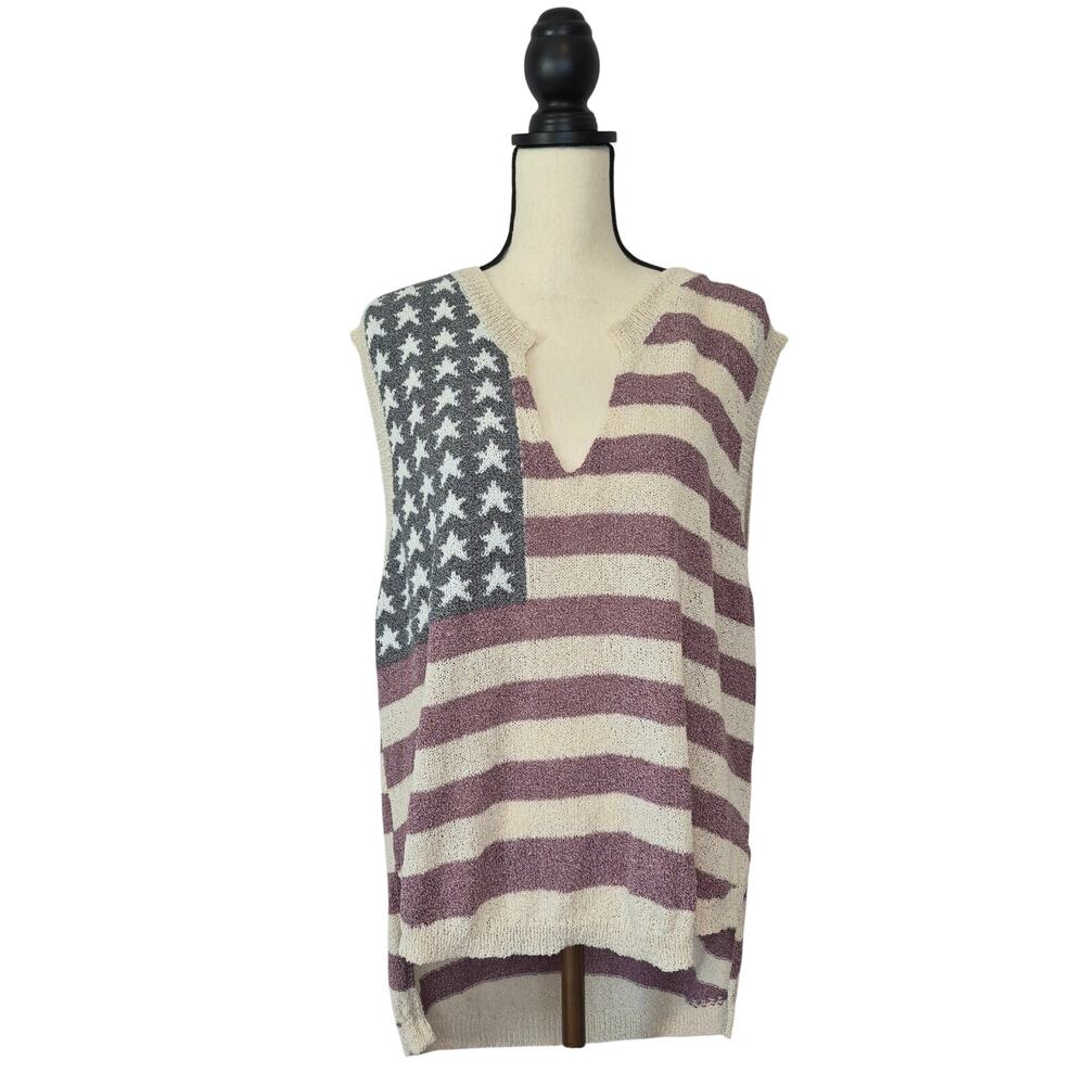 POL sweater stars stripes cream blue red oversized sleeveless notch vneck size L